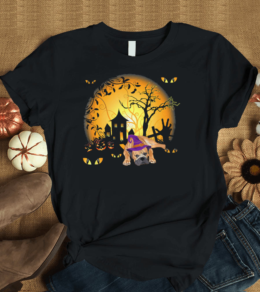Halloween BullMastiff Witch with Haunted House and Jack-o'-Lanterns T-Shirt