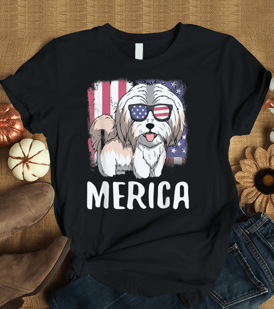 Merica Havanese Dog with American Flag Sunglasses USA Patriotic T-Shirt