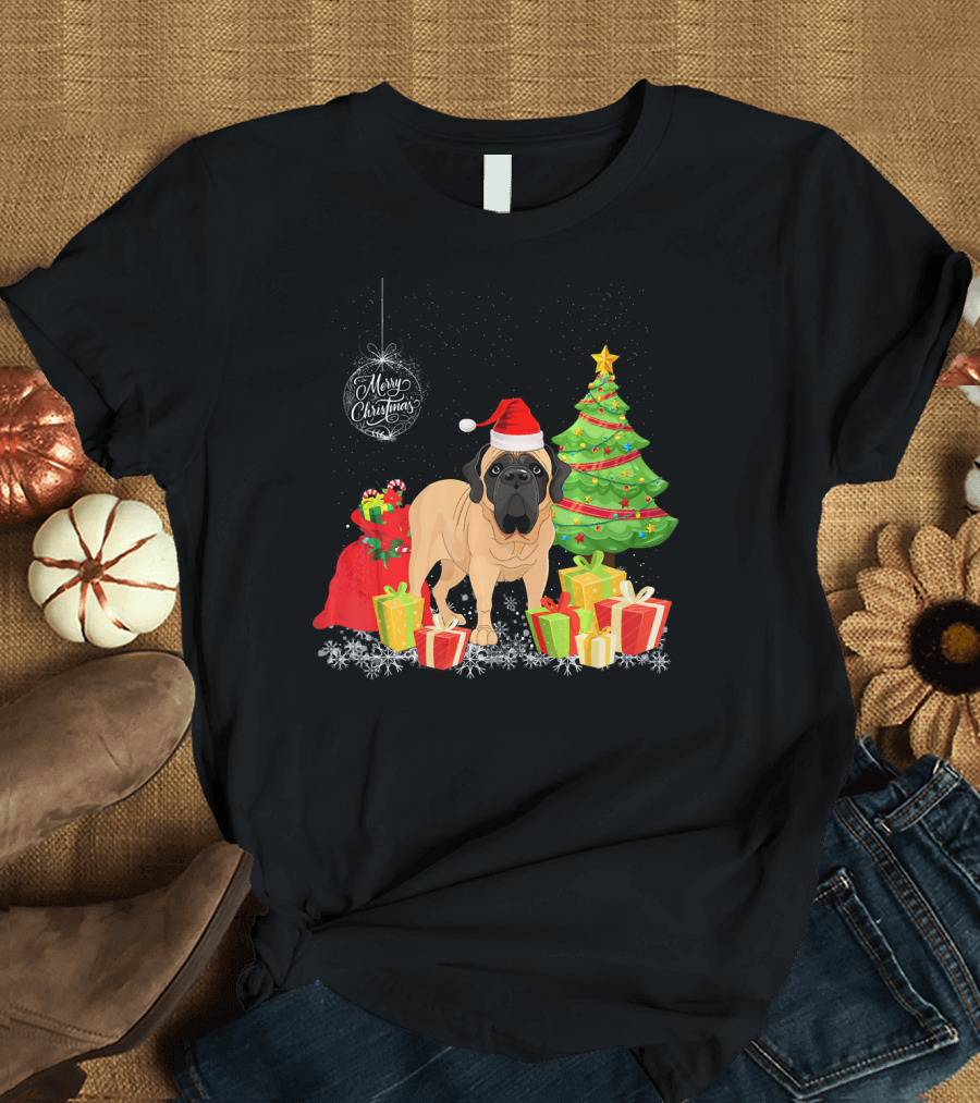 English Mastiff Merry Christmas Santa Hat Gifts Tree T-Shirt