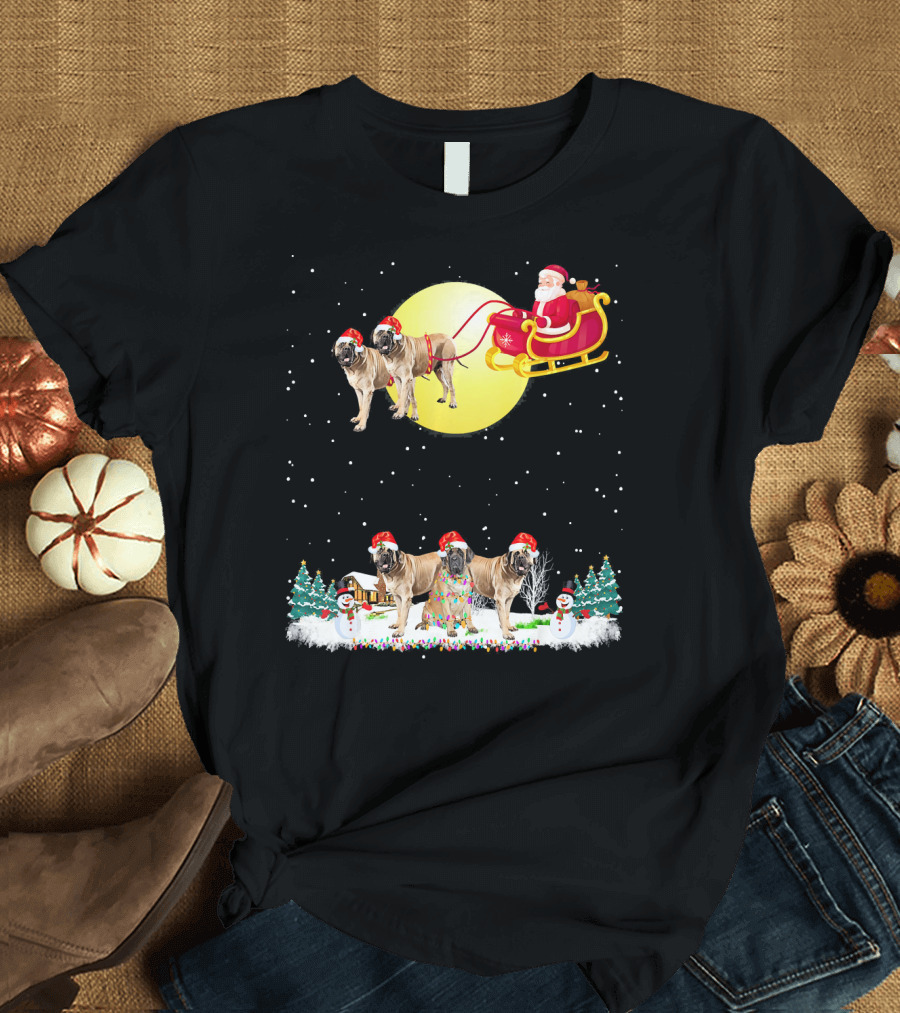 Santa Sleigh English Mastiff Reindeer with Christmas Lights and Snowmen Scene T-Shirt