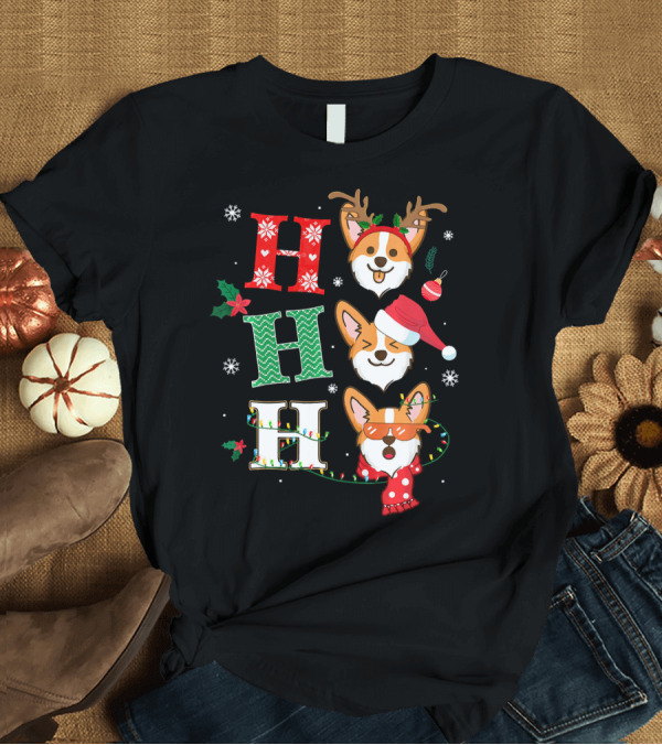 T-Shirt: Ho Ho Ho Xmas Pembroke Welsh Corgi Reindeer Santa Lights T-Shirt Ho Ho Ho Xmas Pembroke Welsh Corgi Reindeer Santa Lights T-Shirt