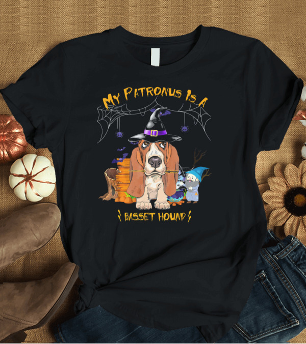 T-Shirt: My Patronus Is A Basset Hound Halloween Wizard Hat Spider Web Cute Ghost Pumpkins T-Shirt My Patronus Is A Basset Hound Halloween Wizard Hat Spider Web Cute Ghost Pumpkins T-Shirt