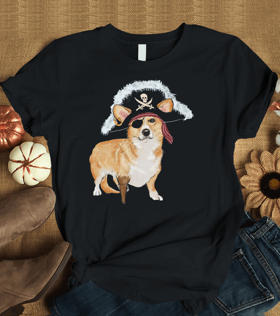Corgi Pirate with Eye Patch and Peg Leg for Halloween Dog Lovers T-Shirt