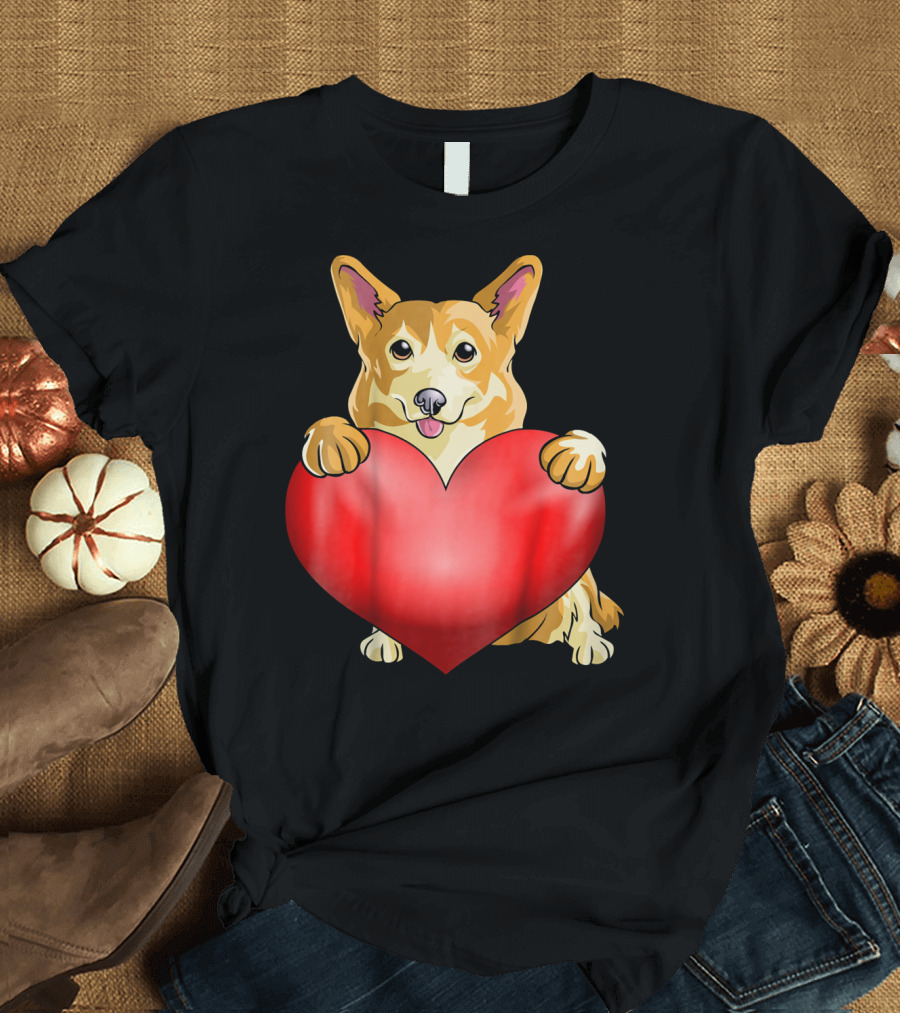 Kids Valentines Day Corgi Dog Holding Red Heart T-Shirt