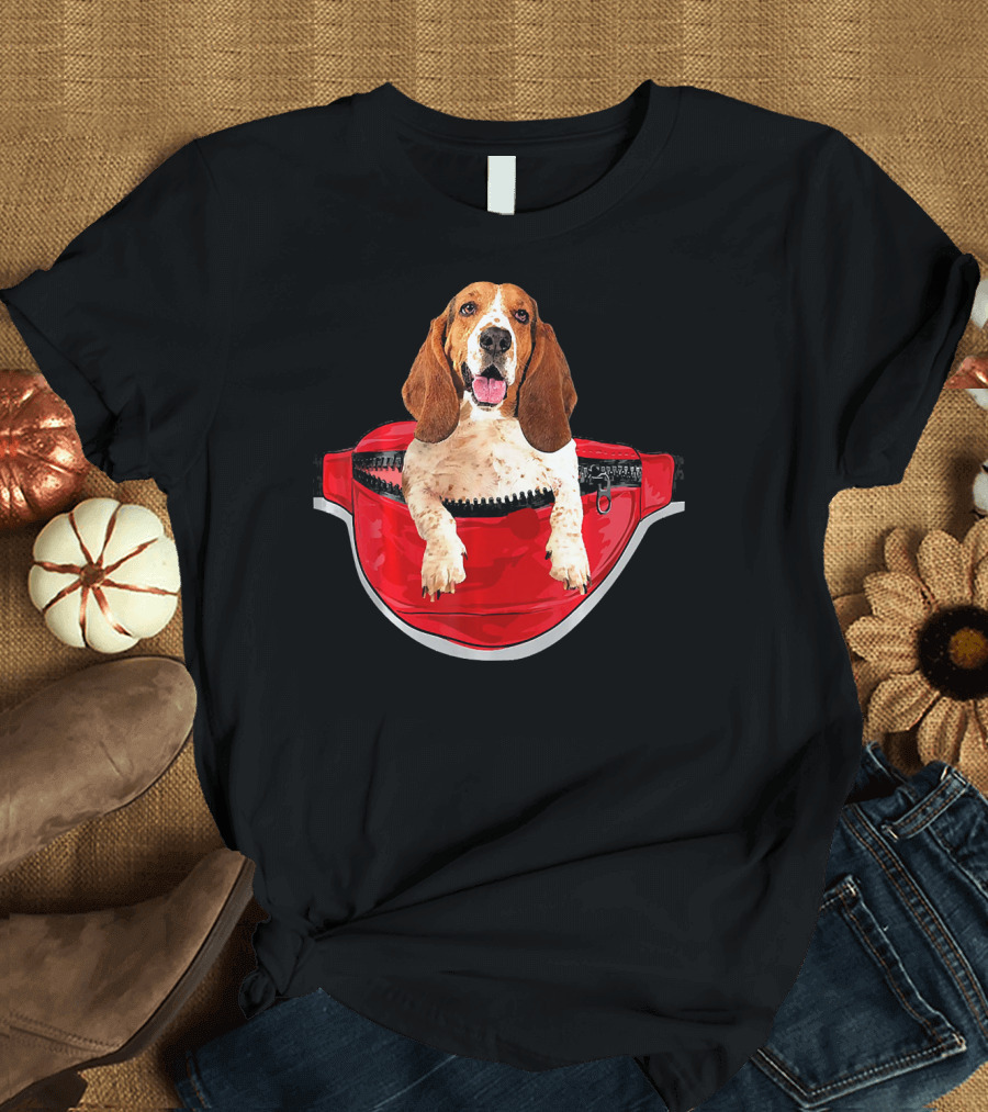 Funny Basset Hound in Red Waist Pack Dog Pocket T-Shirt