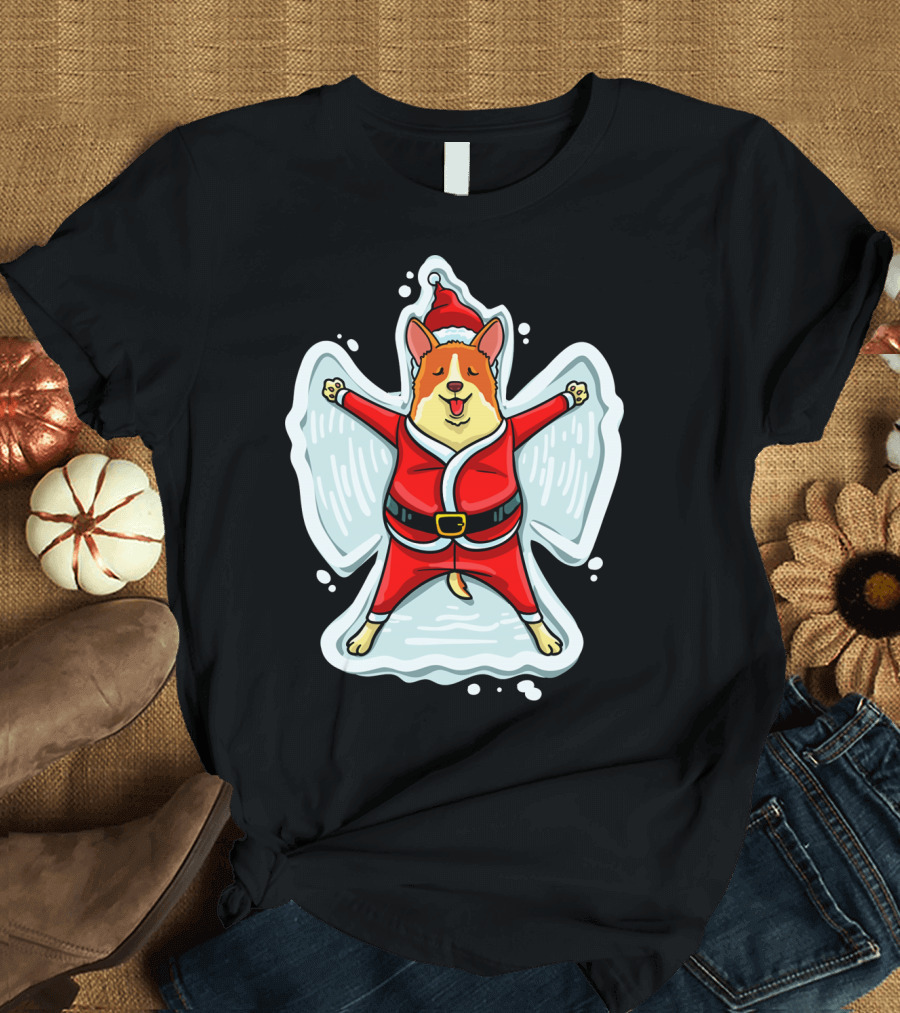Funny Christmas Corgi Snow Angel in Santa T-Shirt