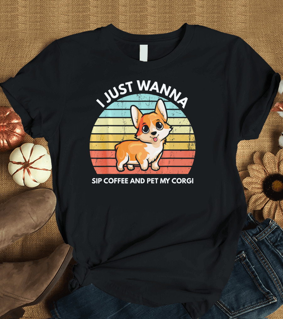I Just Wanna Sip Coffee and Pet My Corgi Vintage Sunset T-Shirt
