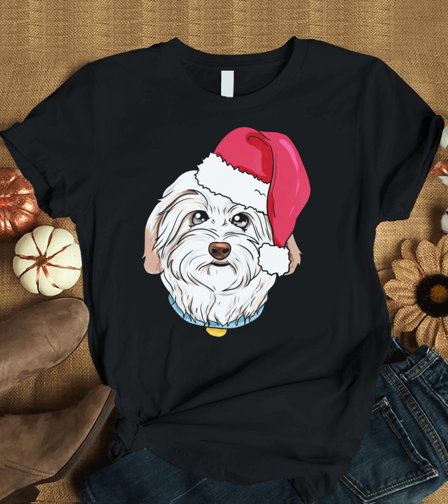 Havanese Cuban Bichon with Santa Hat Holiday T-Shirt