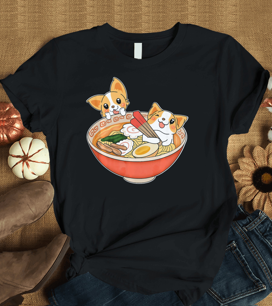 Kawaii Japanese Anime Corgi Ramen Noodles Bowl T-Shirt