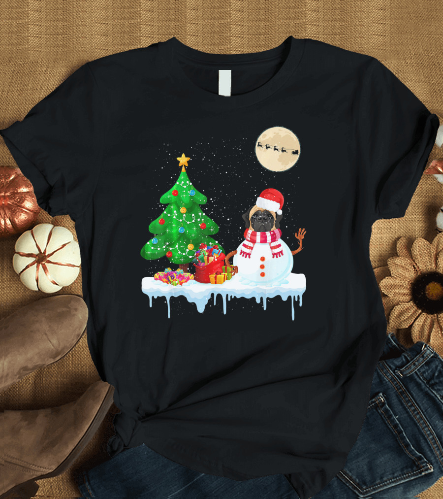 English Mastiff Snowman Santa Hat Christmas Tree Full Moon T-Shirt