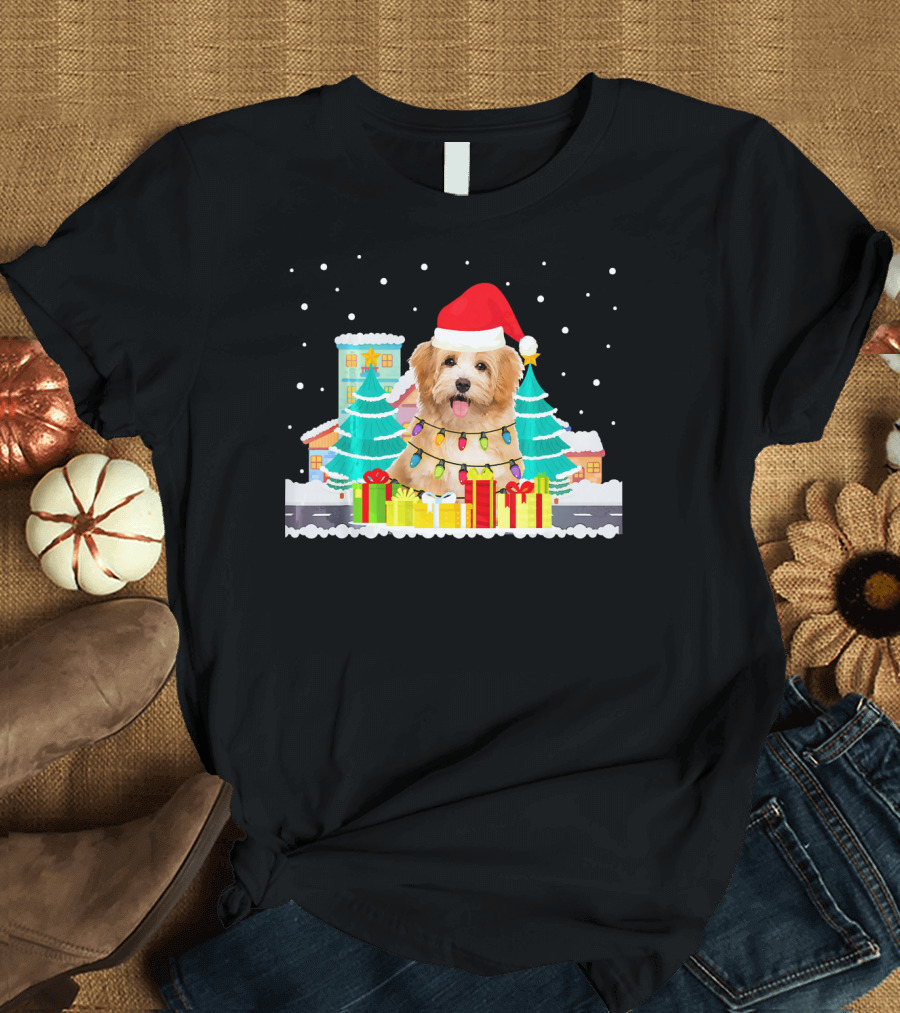 Funny Christmas LED Light Havanese Scott Santa Hat Festive Winter Scene T-Shirt