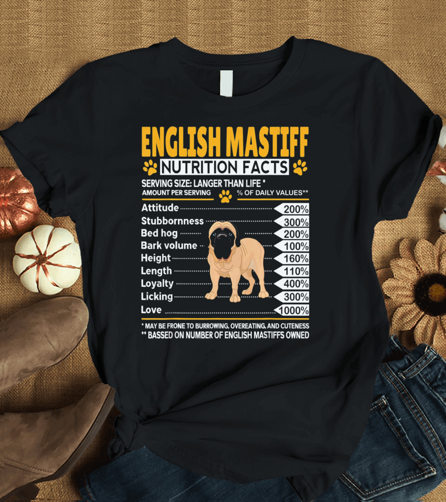 English Mastiff Nutrition Facts Attitude Stubbornness Bed Hog Bark Volume Height Length Loyalty Licking Love T-Shirt