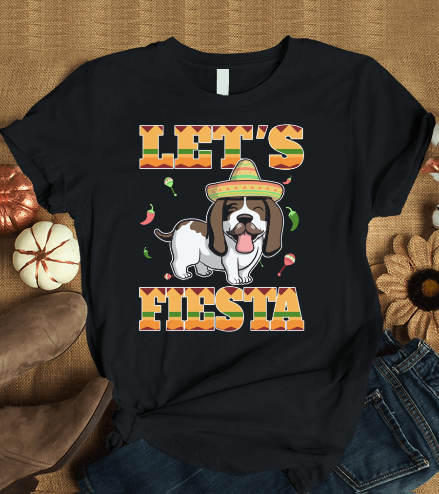 LET'S FIESTA Basset Hound Sombrero Jalapeños Maracas T-Shirt