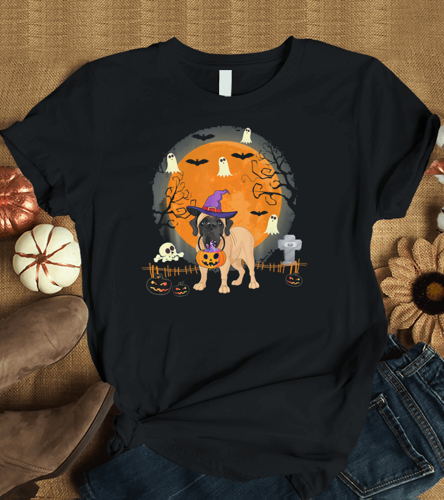 Halloween English Mastiff Witch with Pumpkins and Ghosts T-Shirt