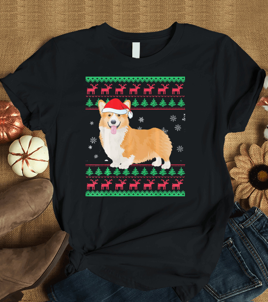 Funny Christmas Corgi in Santa Hat with Snowflakes and Reindeer T-Shirt