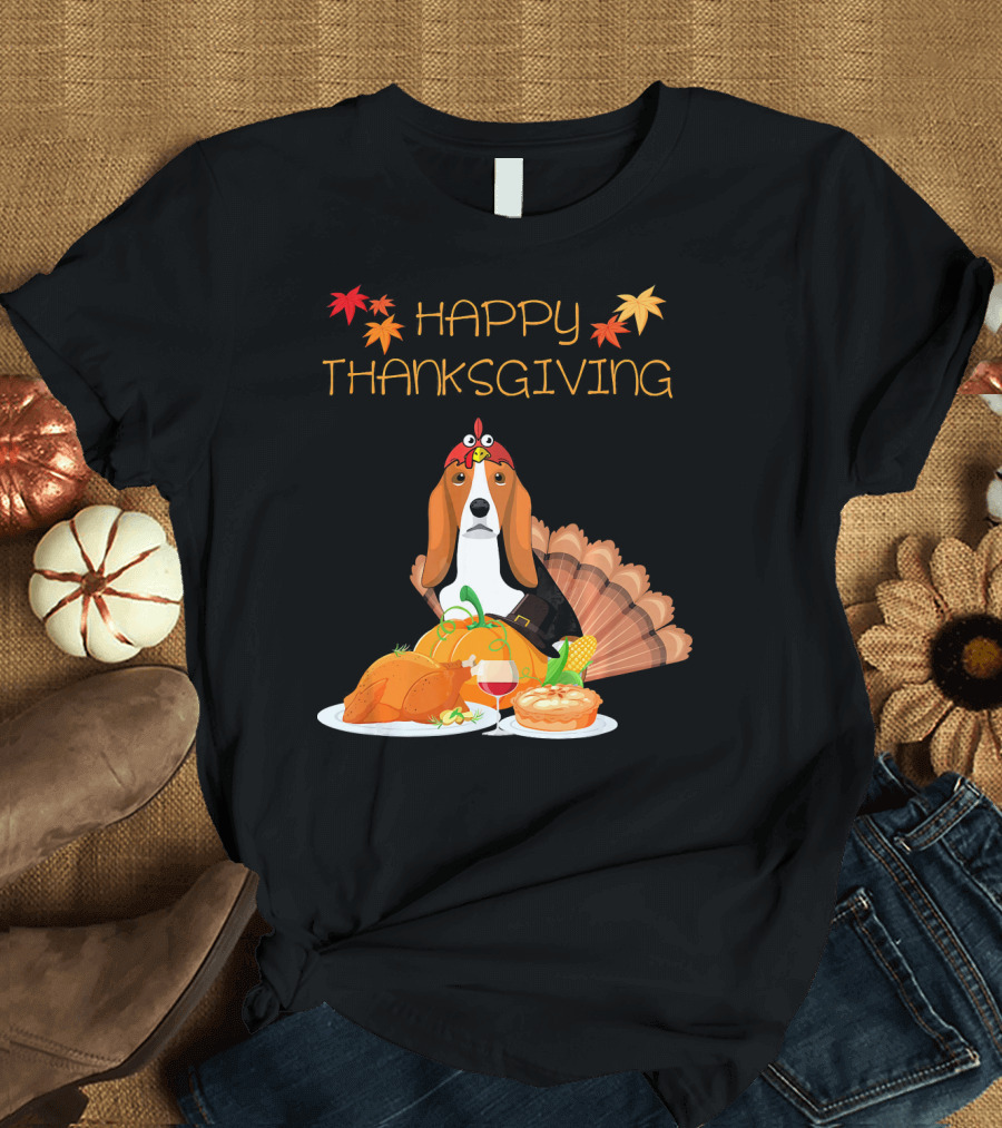 Happy Thanksgiving Basset Hound with Festive Turkey Dinner and Autumn Leaves T-Shirt