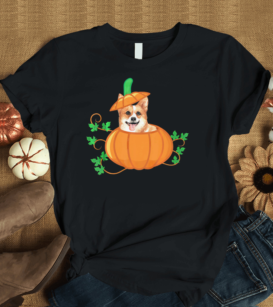 Funny Thanksgiving Corgi Inside a Pumpkin with Leaves T-Shirt