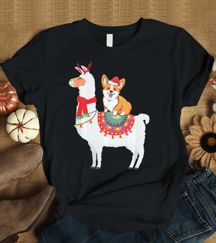 Santa Hat Corgi on Festive Llama with Antlers and Scarf T-Shirt