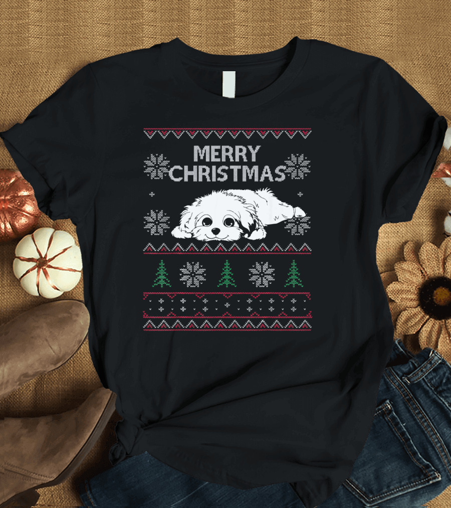 Merry Christmas Havanese Maltese Shih Tzu Snowflakes Trees T-Shirt