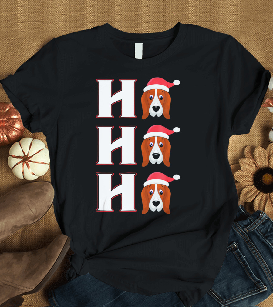Ho Ho Ho Santa Hat Funny Basset Hound Christmas Dog Holiday Humor T-Shirt