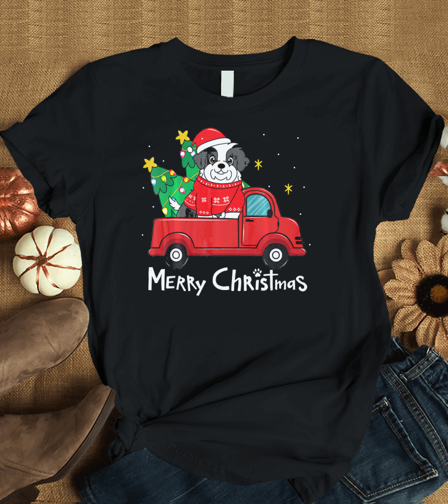 Merry Christmas Havanese Dog in Red Truck with Christmas Tree and Stars T-Shirt