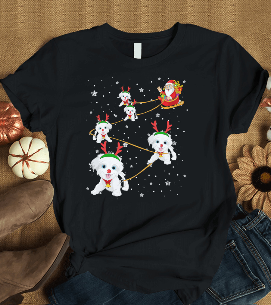Havanese Dogs Pulling Santa's Sleigh Through Snowflakes T-Shirt