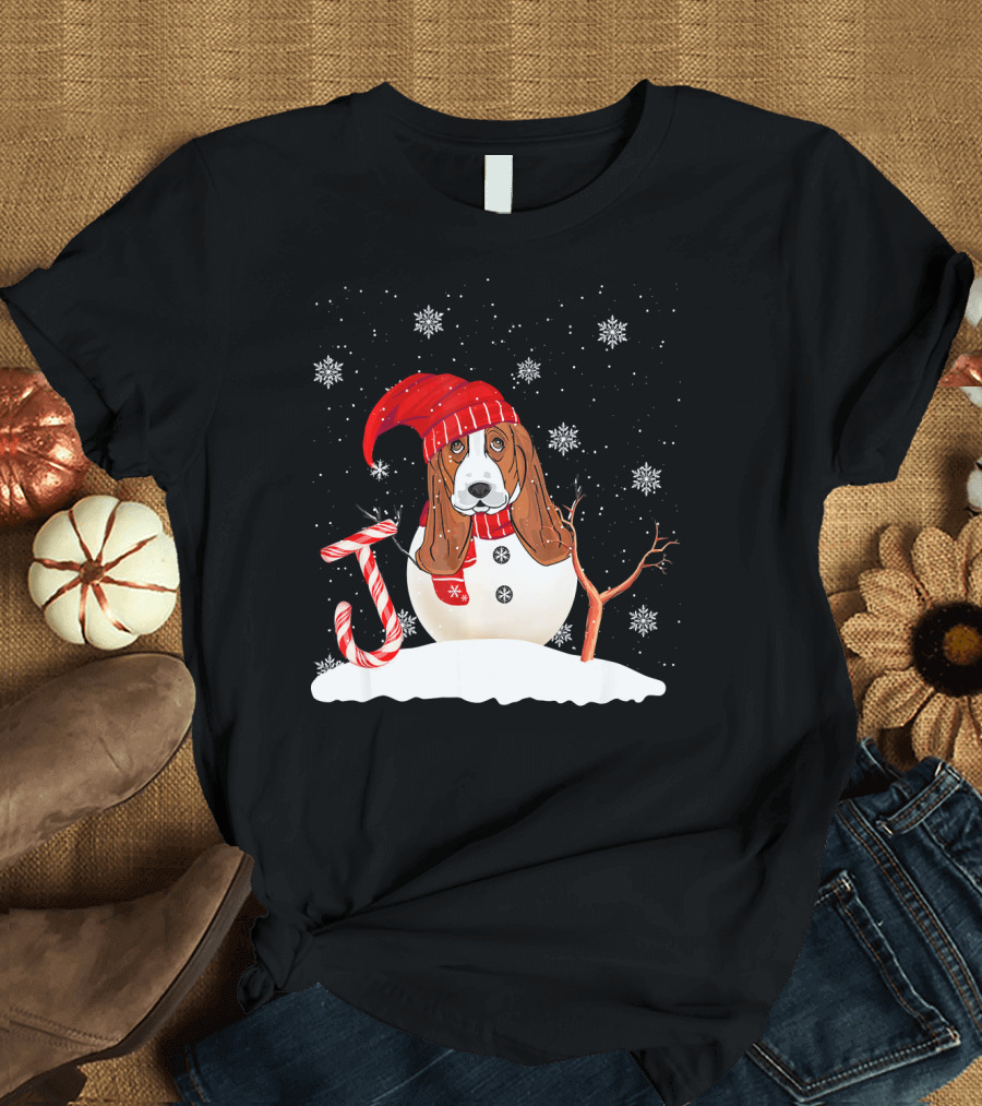 Funny Basset Hound Snowman with Candy Cane Christmas Joy T-Shirt