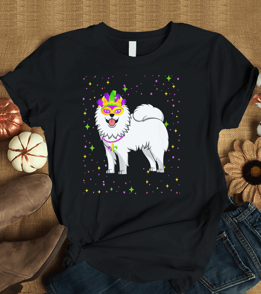 Samoyed Dog Mardi Gras Mask and Beads T-Shirt