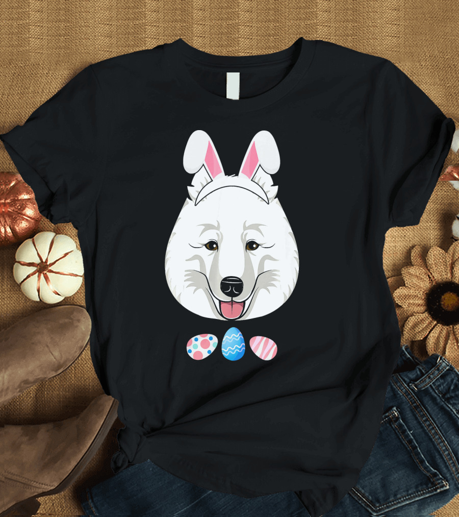 Playful Easter Samoyed with Bunny Ears and Colorful Eggs T-Shirt