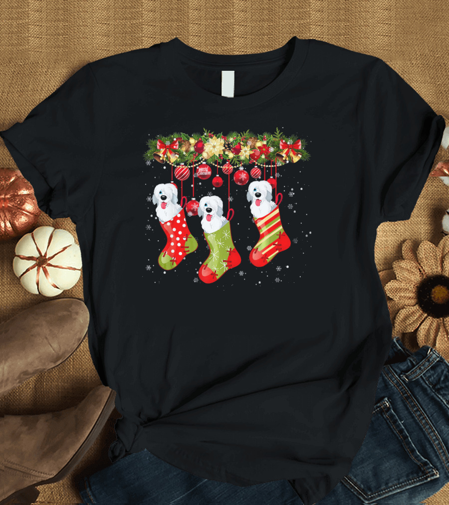 Funny Old English Sheepdog Christmas Stockings Santa Paws T-Shirt