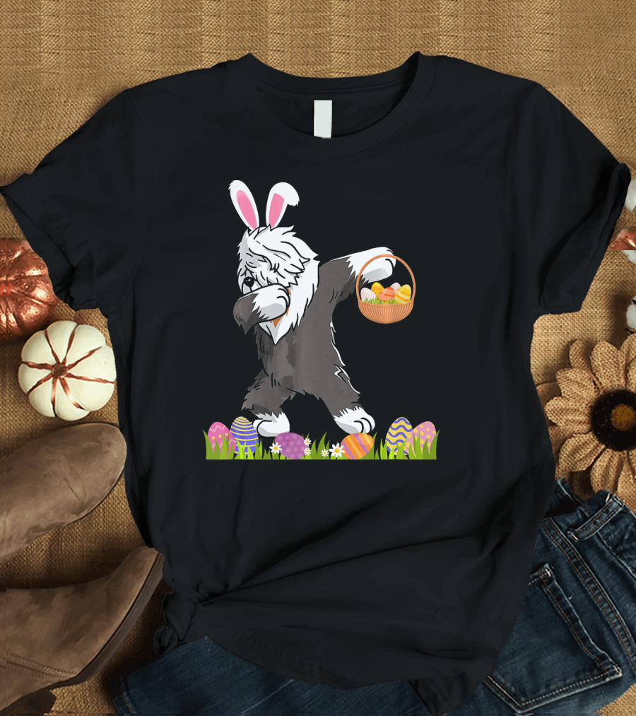 Funny Old English Sheepdog Dog Dabbing Easter Eggs Rabbit Ears Basket T-Shirt