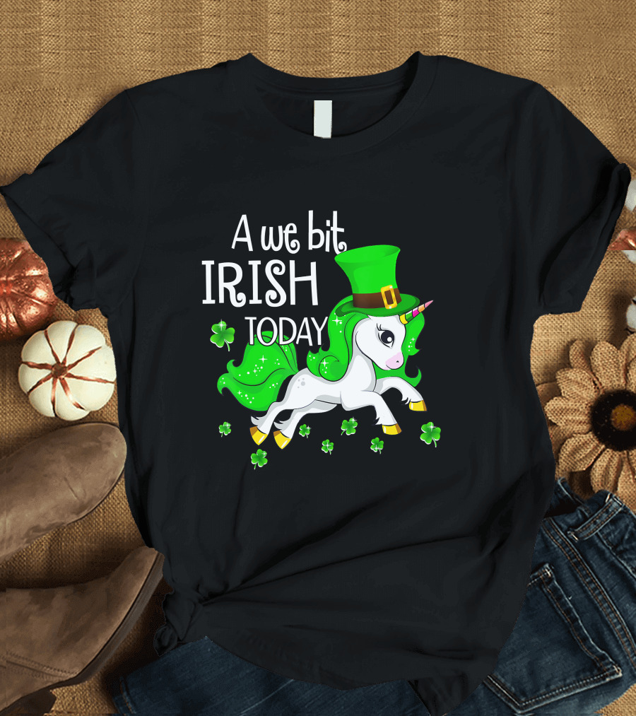 A We Bit Irish Today Unicorn with Shamrocks and Green Hat T-Shirt