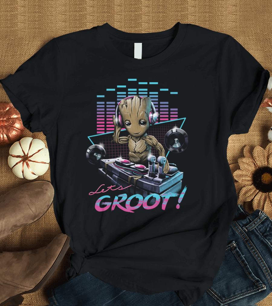 Let's Groot DJ Mixing Groot with Headphones Music Visuals T-Shirt