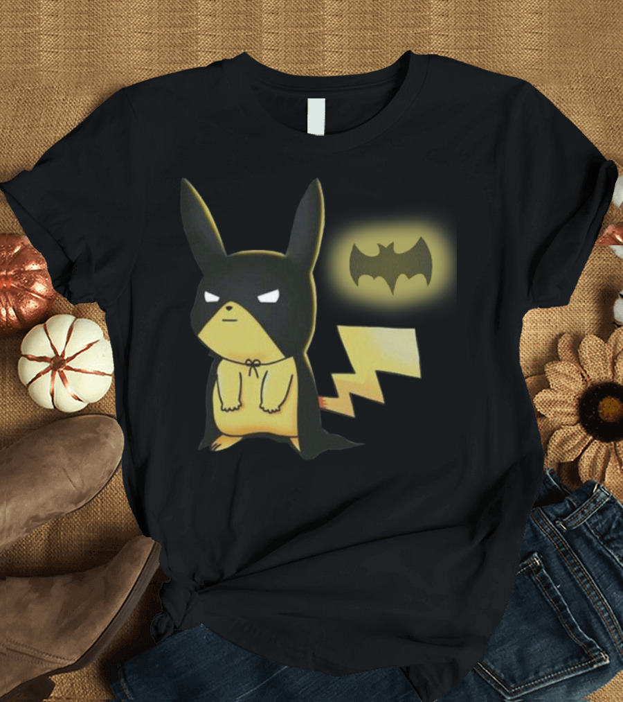 Pikachu in Batman-Inspired Costume with Bat Symbol Background T-Shirt