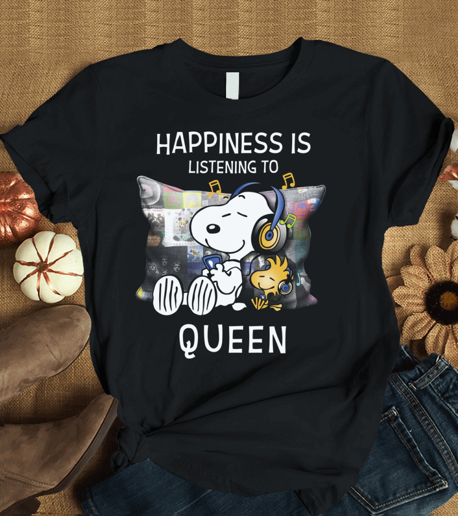 Happiness Is Snoopy and Woodstock Listening to Queen Music T-Shirt