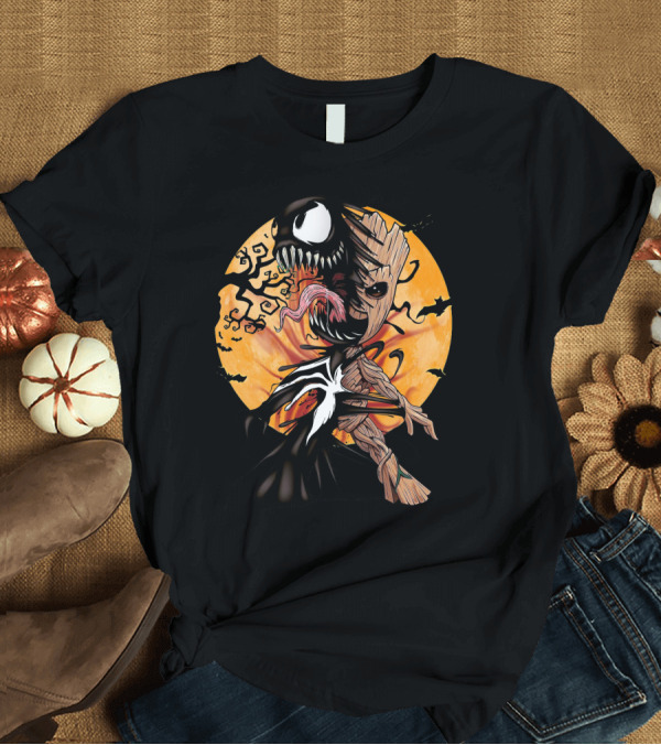 T-Shirt: Baby Groot Venom Hybrid Silhouette Against Halloween Moon with Bats and Spooky Trees T-Shirt Baby Groot Venom Hybrid Silhouette Against Halloween Moon with Bats and Spooky Trees T-Shirt
