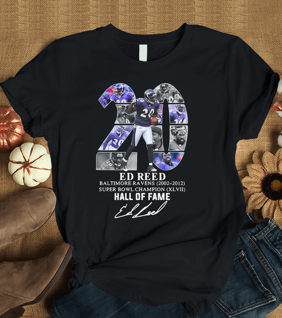 Ed Reed Baltimore Ravens 2002-2012 Super Bowl Champion XLVII Hall of Fame 20 Signature T-Shirt