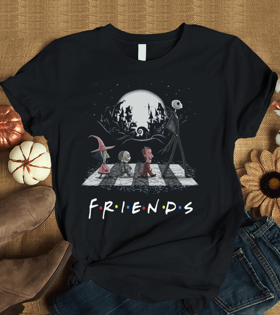 Friends Nightmare Before Christmas Characters Abbey Road Parody with Full Moon Background T-Shirt
