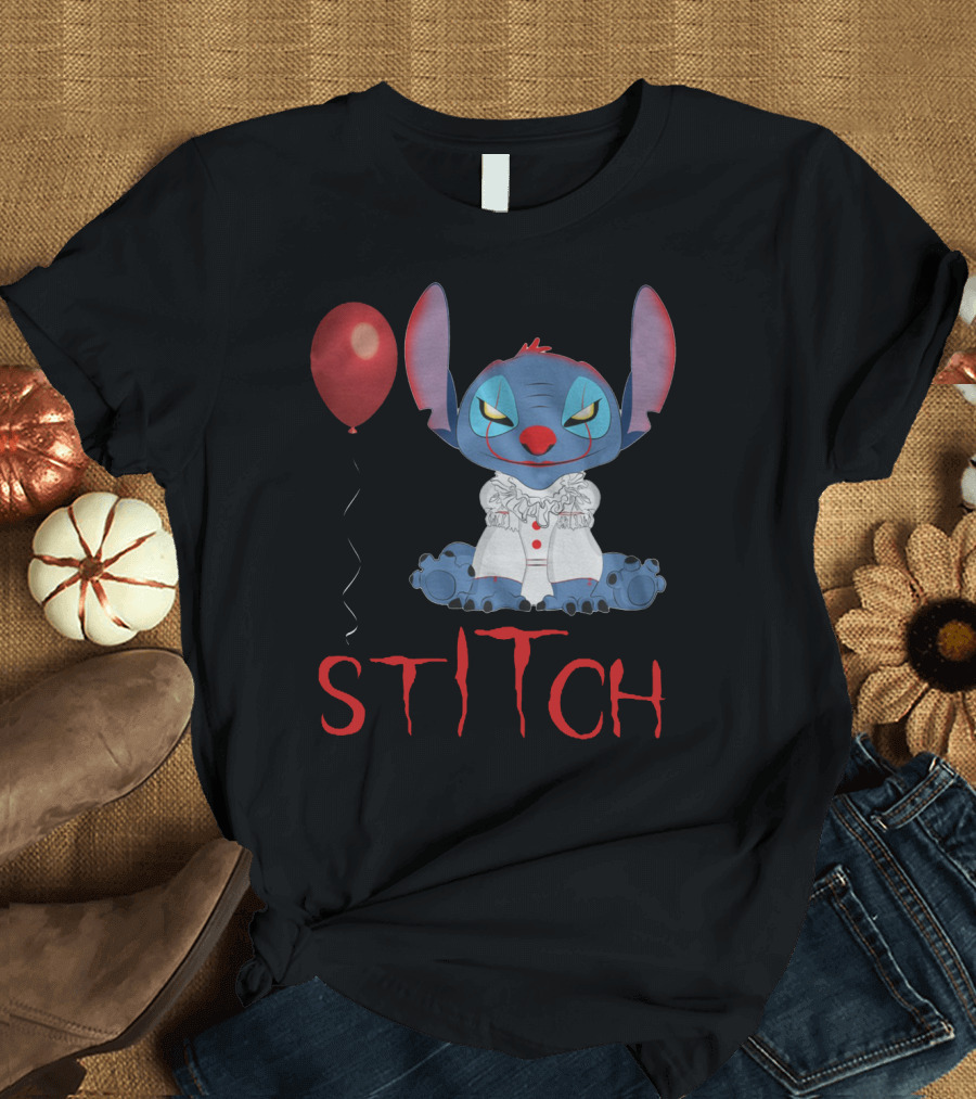 Stitch in Pennywise Costume with Red Balloon - IT Mashup T-Shirt