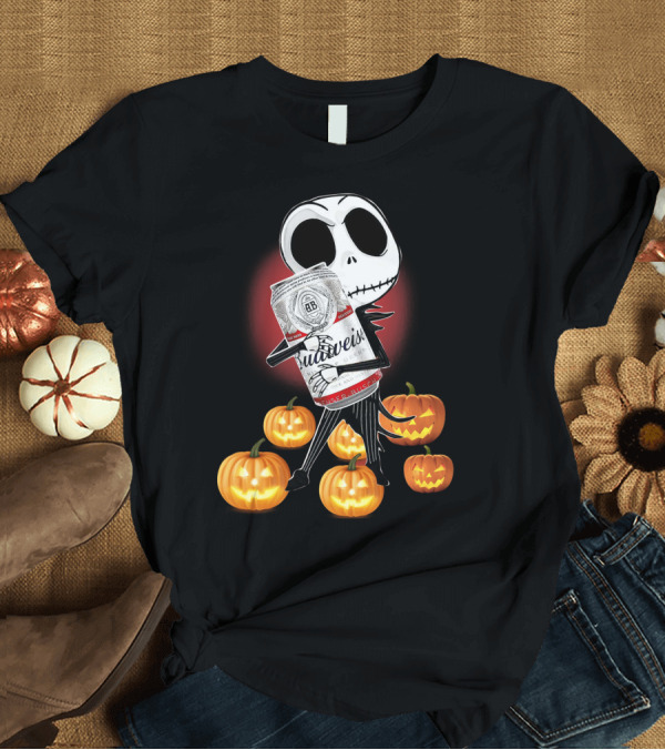 T-Shirt: Budweiser Halloween Jack Skellington with Pumpkins and Red Glow T-Shirt Budweiser Halloween Jack Skellington with Pumpkins and Red Glow T-Shirt
