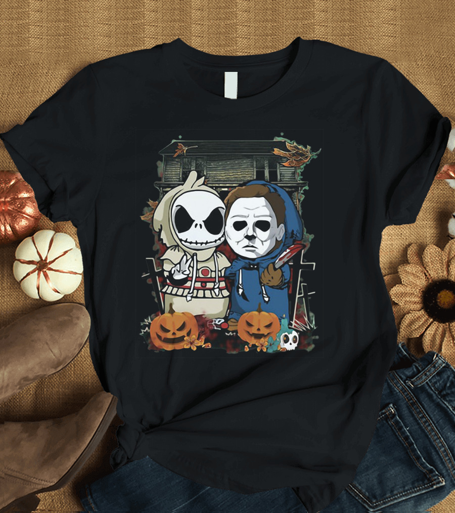 Jack Skellington Michael Myers Halloween Mashup with Pumpkins and Haunted House Background T-Shirt