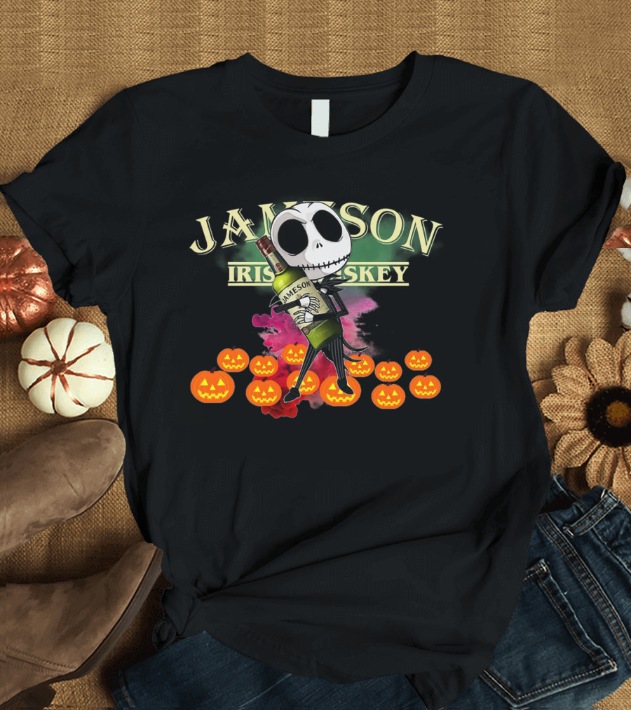Jack Skellington with Jameson Irish Whiskey Bottle Surrounded by Halloween Pumpkins T-Shirt