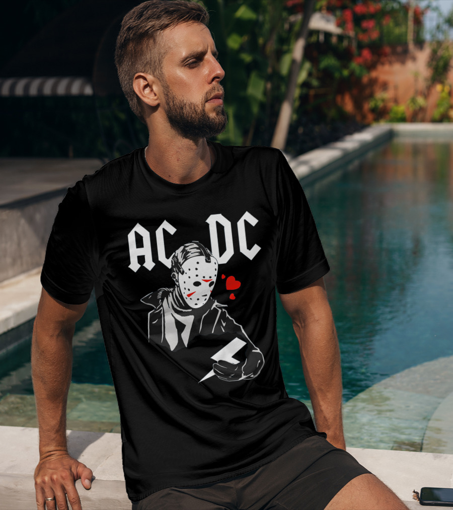 Acdc Jason Voorhees Mask Holding Lightning Bolt With Hearts T-Shirt