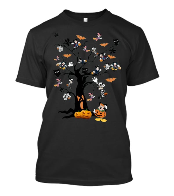 Mickey Mouse Halloween Tree With Pumpkins And Skeleton Costumes T-Shirt
