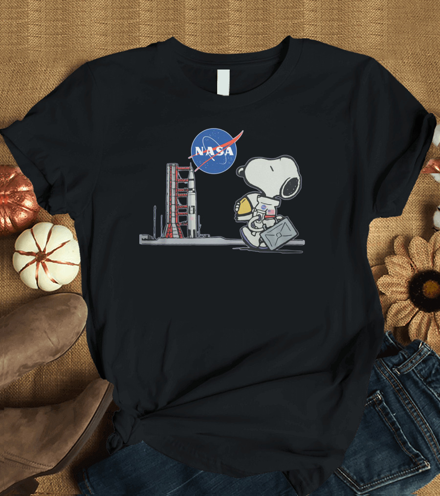 NASA Snoopy Astronaut Moon Mission Graphic with Rocket and Helm T-Shirt