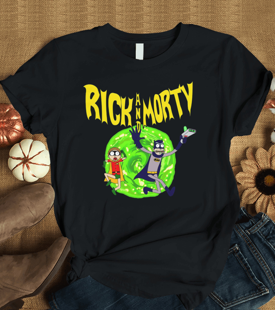 Rick and Morty in Batman Costumes with Portal Gun and Swirling Green Portal T-Shirt