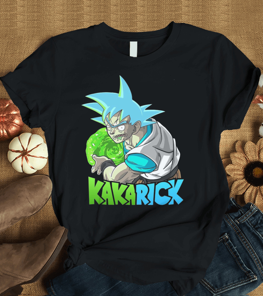 Kakarick Rick and Morty x DBZ Crossover with Green Energy Sphere and Blue Hair T-Shirt