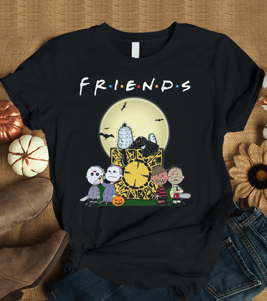 Friends Peanuts Horror Movie Characters Crossover Featuring Iconic Monsters and Symbols T-Shirt