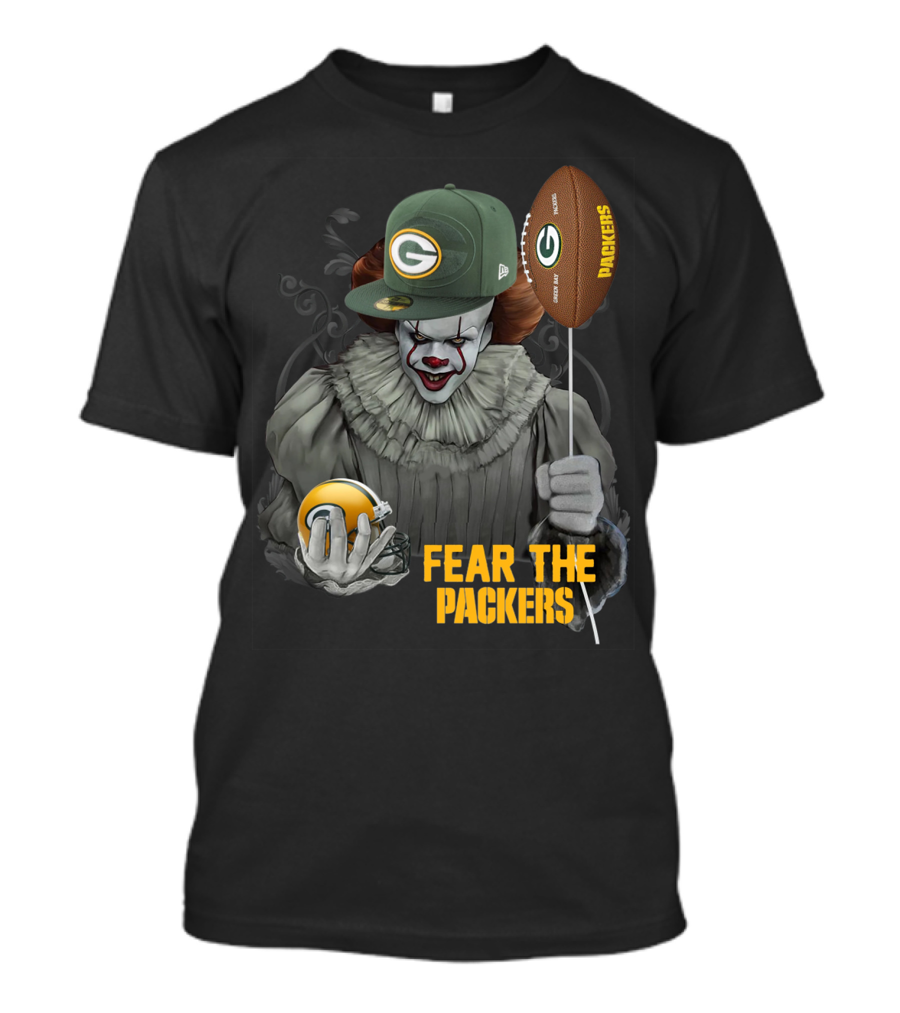 Pennywise Holding Green Bay Packers Balloon And Helmet Fear The Packers T-Shirt