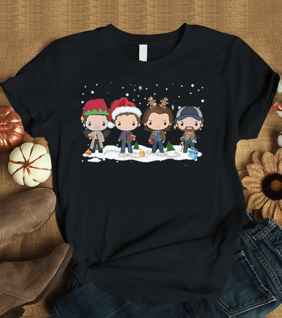 Supernatural Holiday Chibi Characters with Christmas Hats and Snow Scene T-Shirt